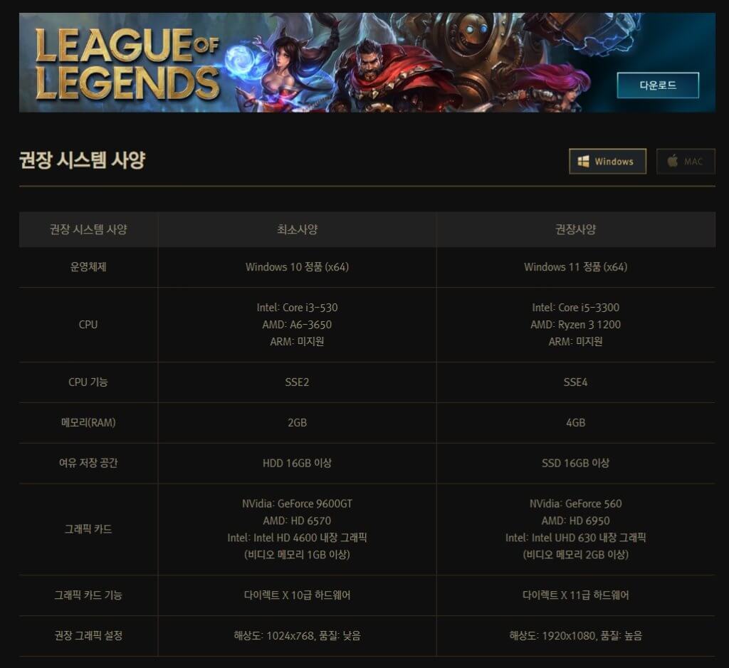롤 권장사양