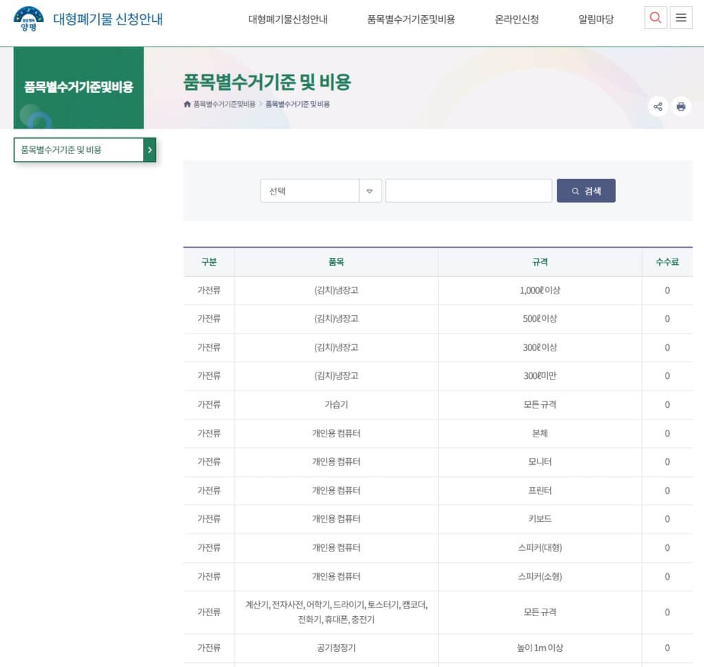 양평군 대형폐기물 품목별수거 비용