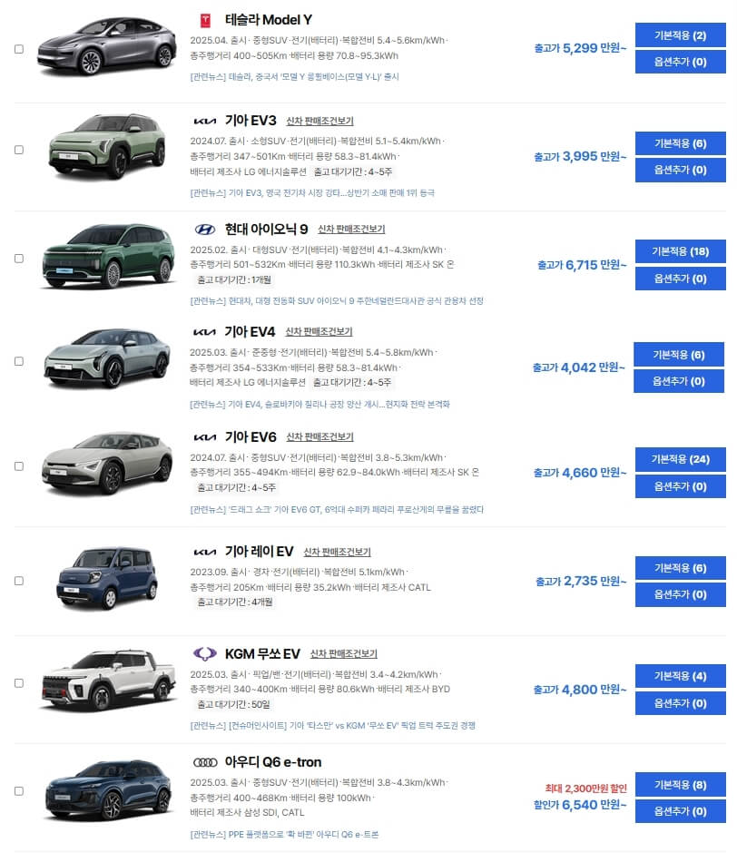 인기 전기차 차량 가격 비교