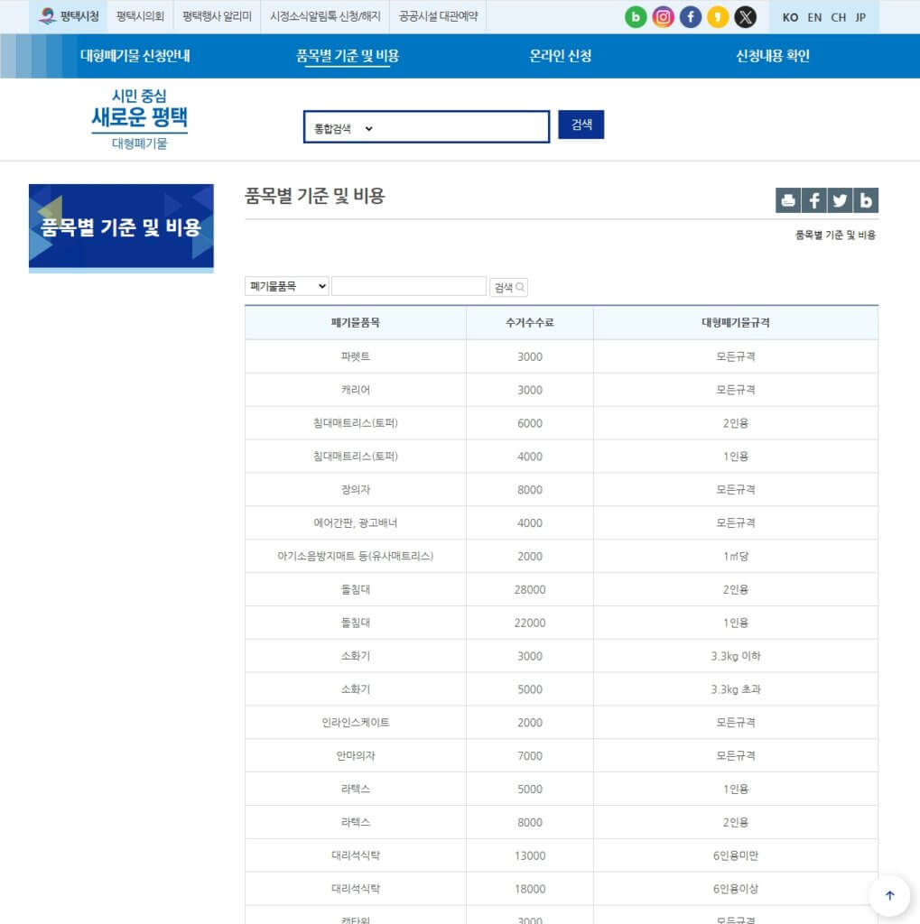 평택시 대형폐기물 스티커 가격