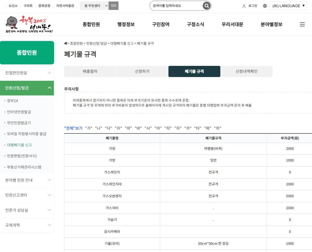 대형폐기물 규격 별 스티커 가격 조회