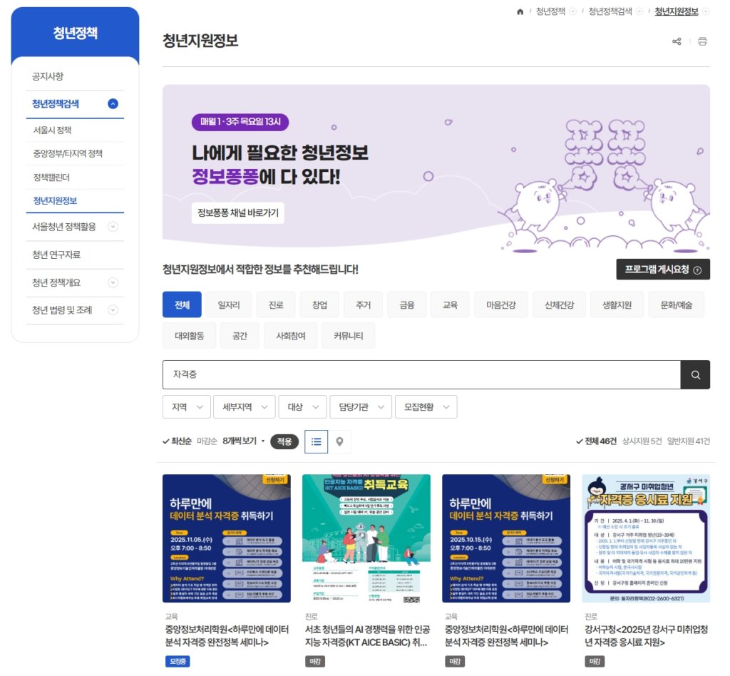 서울시 청년지원정보 자격증 응시료 지원