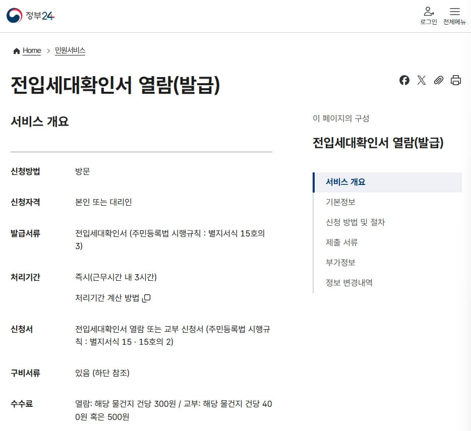 정부24 전입세대연람확인서 세부 내용